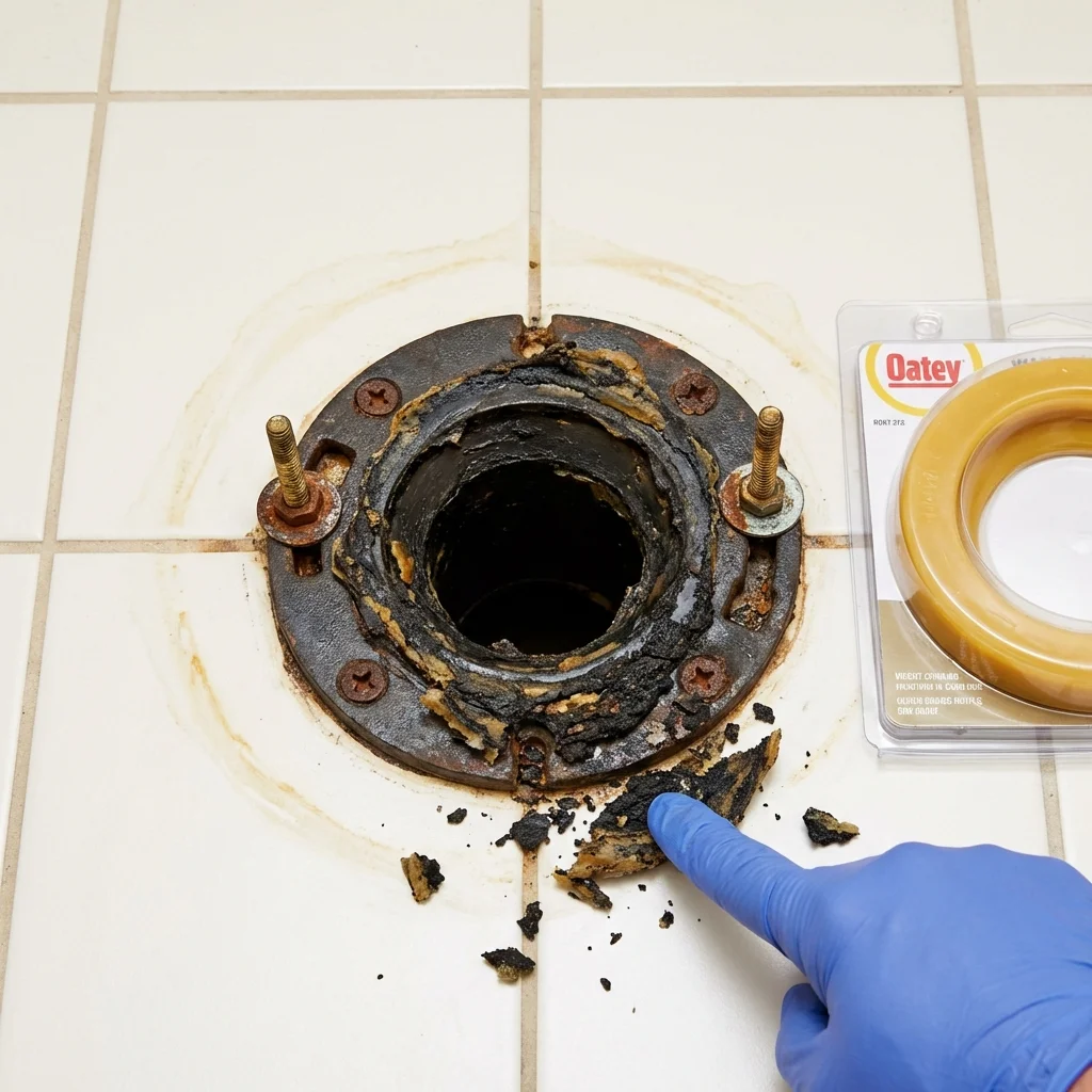 Failed wax ring showing water seepage at the base of a toilet in a Venice, FL home